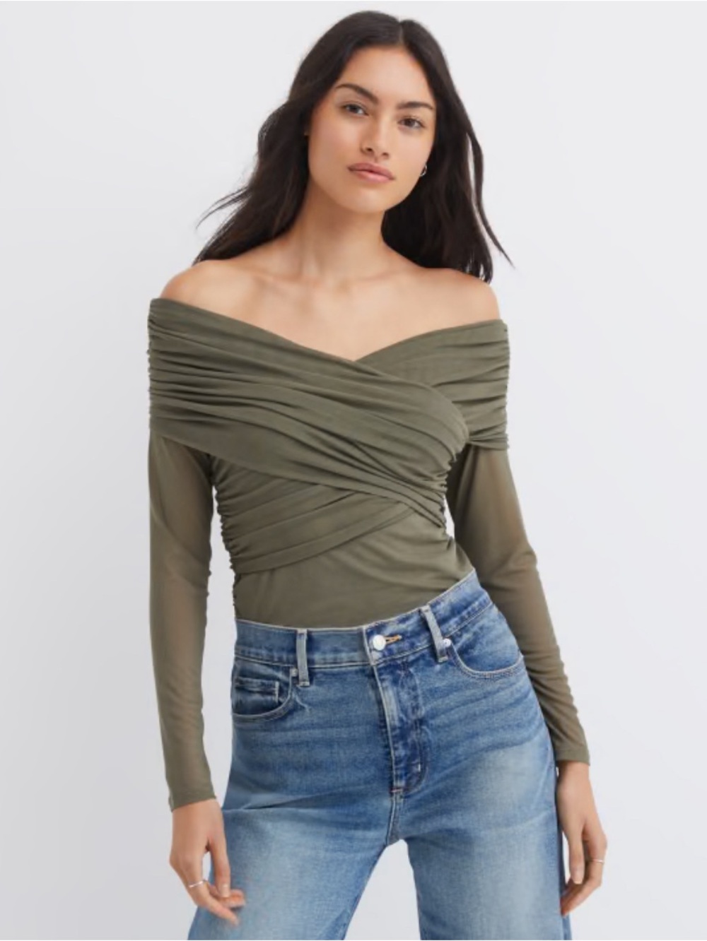 Mesh Ruched Off The Shoulder Top Wrap Long-Sleeve Top in Olive